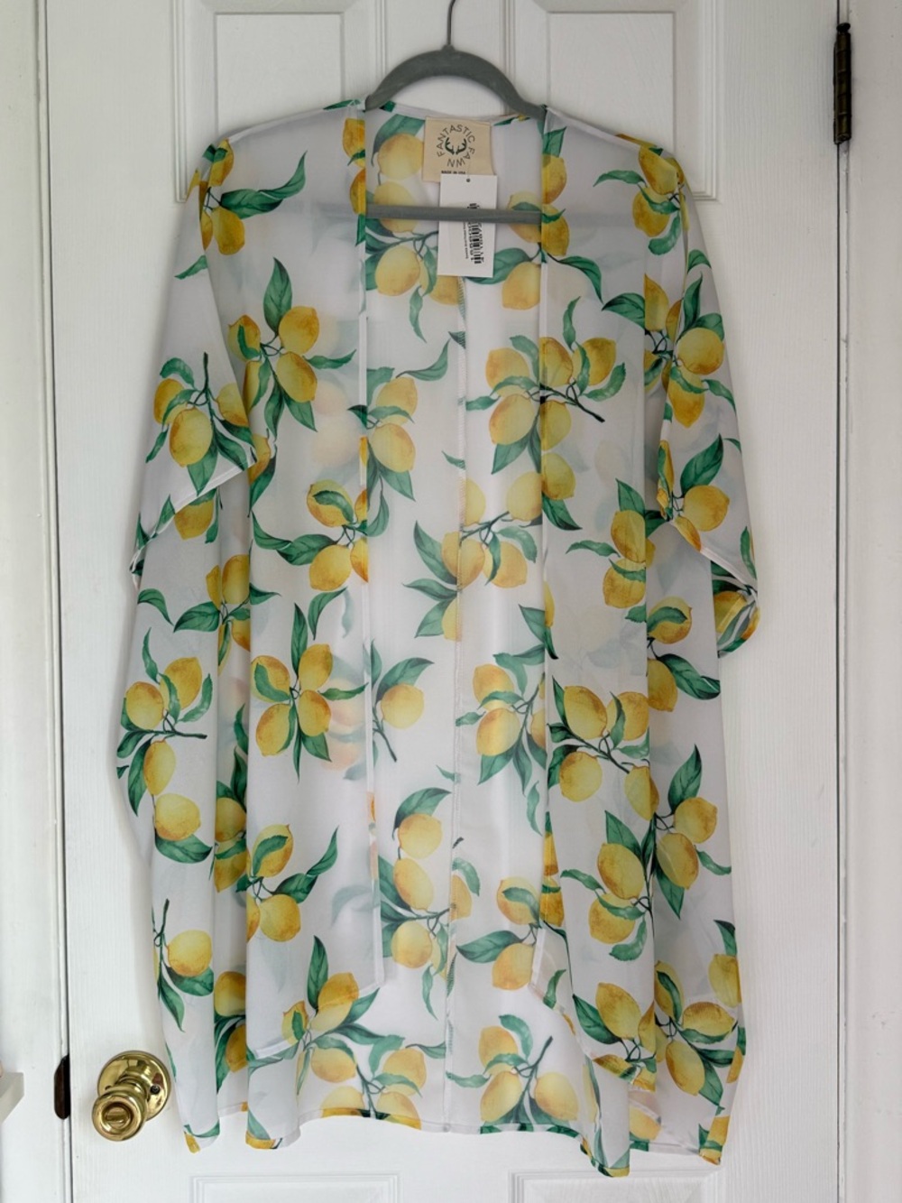Pink Lily White Sheer Lemon Print Kimono Shrug
